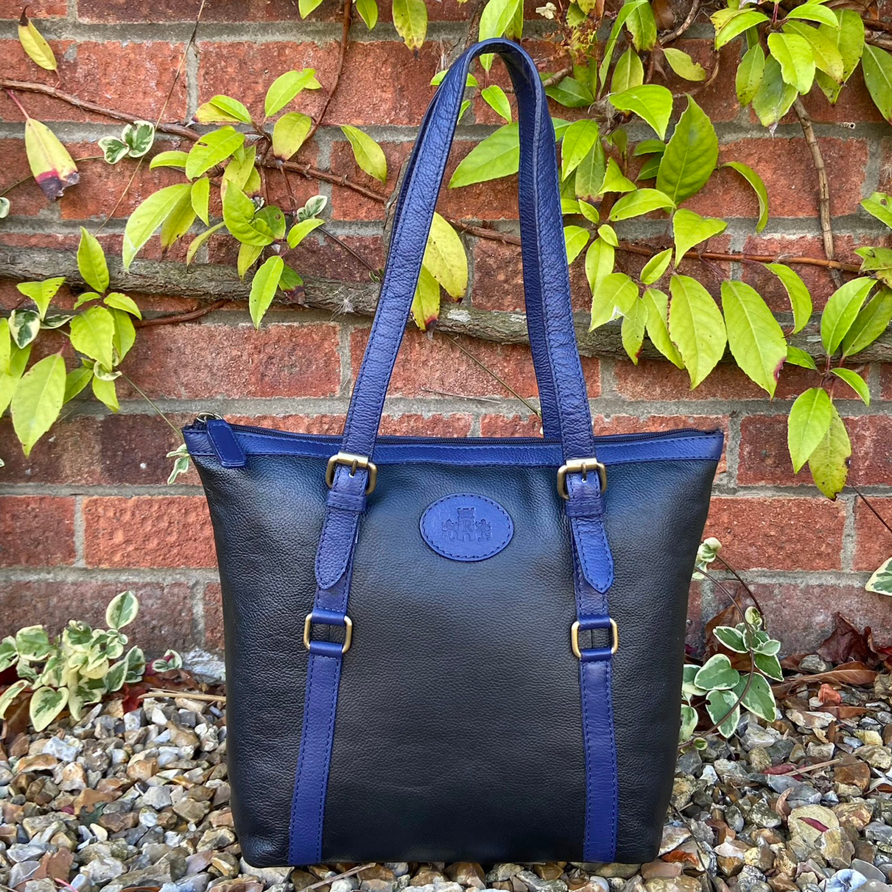 Rowallan Black and Blue Contrast Leather Shoulder Bag, Handbag