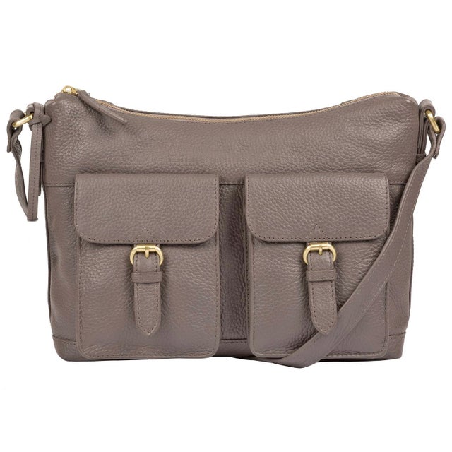 Grey Leather Twin Pocket Shoulder Bag